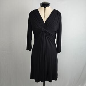 New York & Company Long Sleeve Dress Women's L Black Gathered V Neck Knee